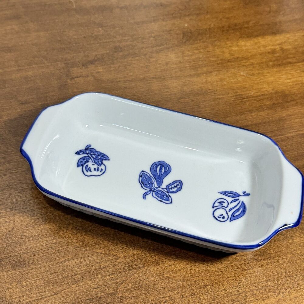 Vintage Chinoiserie Vanity Tray Dish White Blue Fruit Botanical